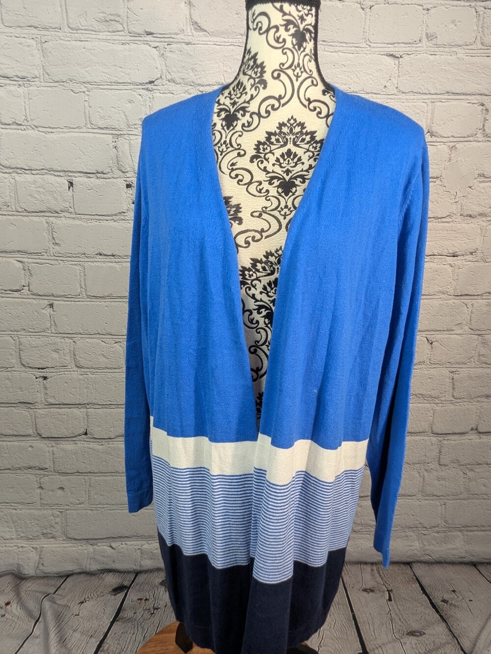 Denim & Co Blue Stripe Open-Front Women’s Knit Sweater Cardigan Size 1xp B32